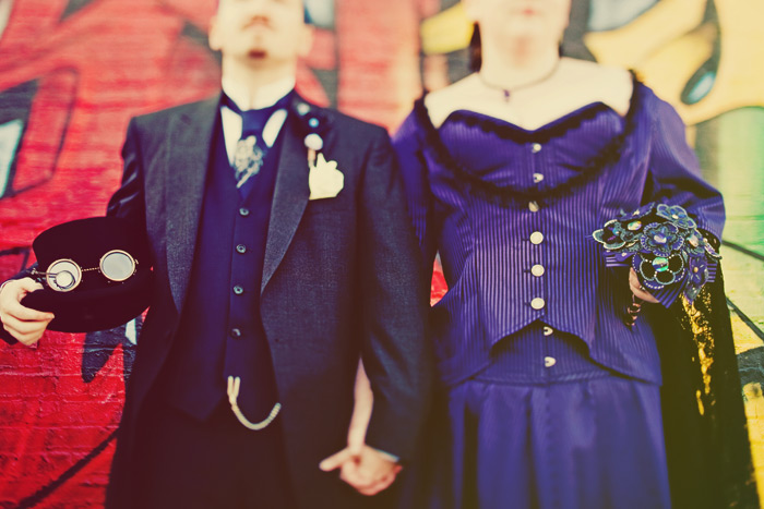 Steampunk bride and groom photo at wedding