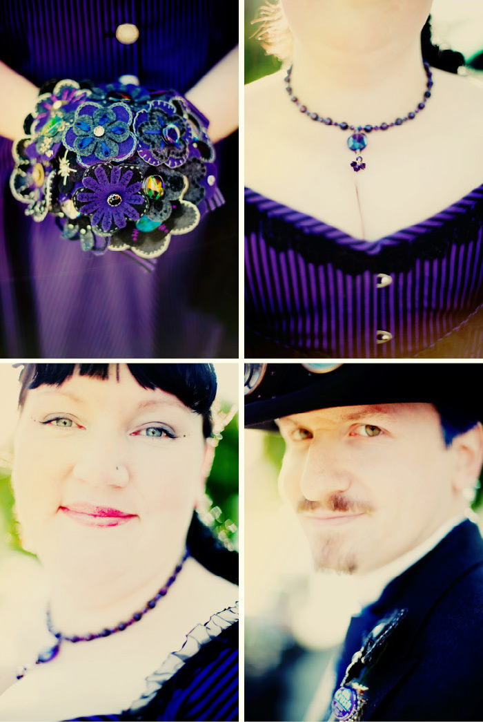 details of a steampunk bride and groom with felt and button flower bouquet