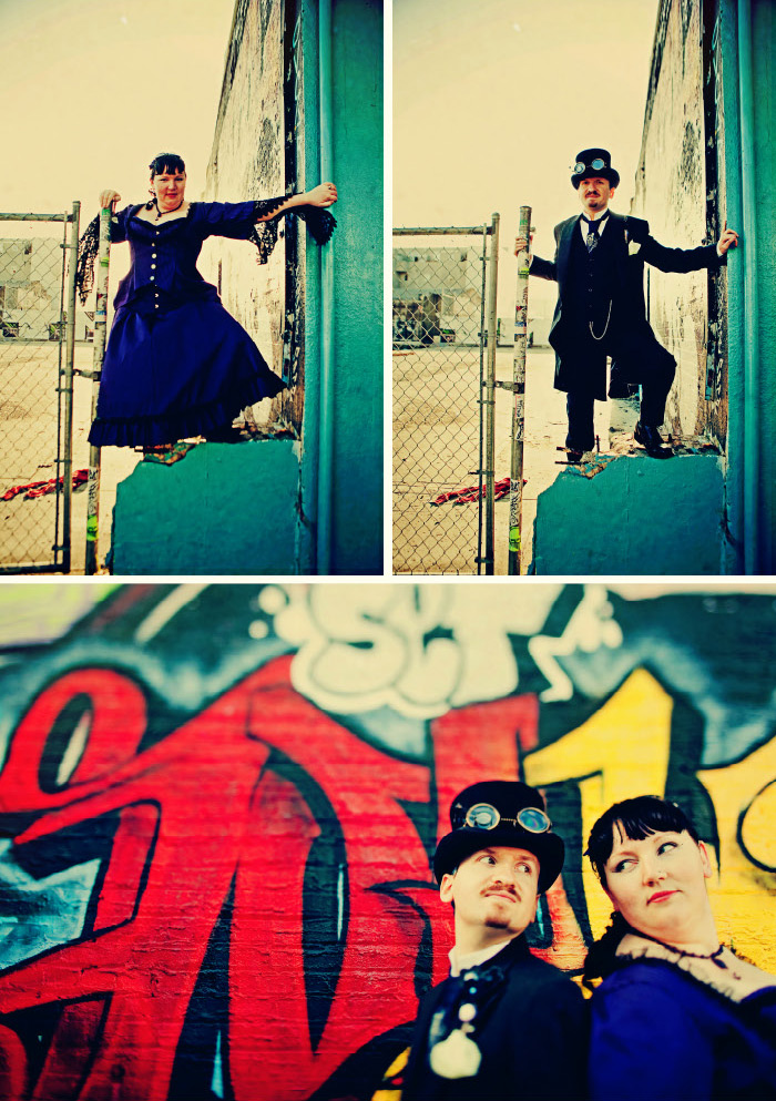 bride and groom standing by the fence and graffiti wall in san francisco