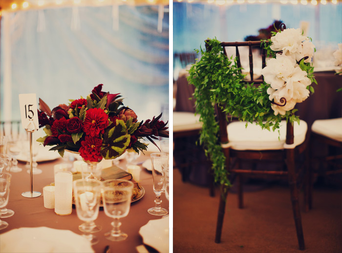 Floral centerpieces and chair decor at Dawn Ranch wedding reception