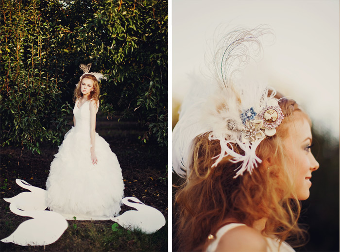 Fun floral swans and hairpieces in vintage wedding photos by Tinywater Photography