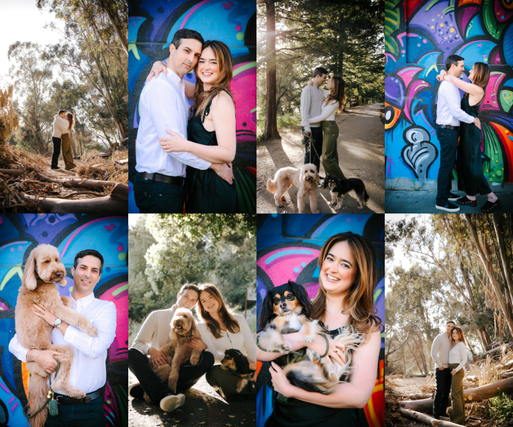 Oakland engagement photography session, woman with brown hair in black dress, man in casual clothes, white button down shirt and jeans, holding a goldendoodle and small dog bread