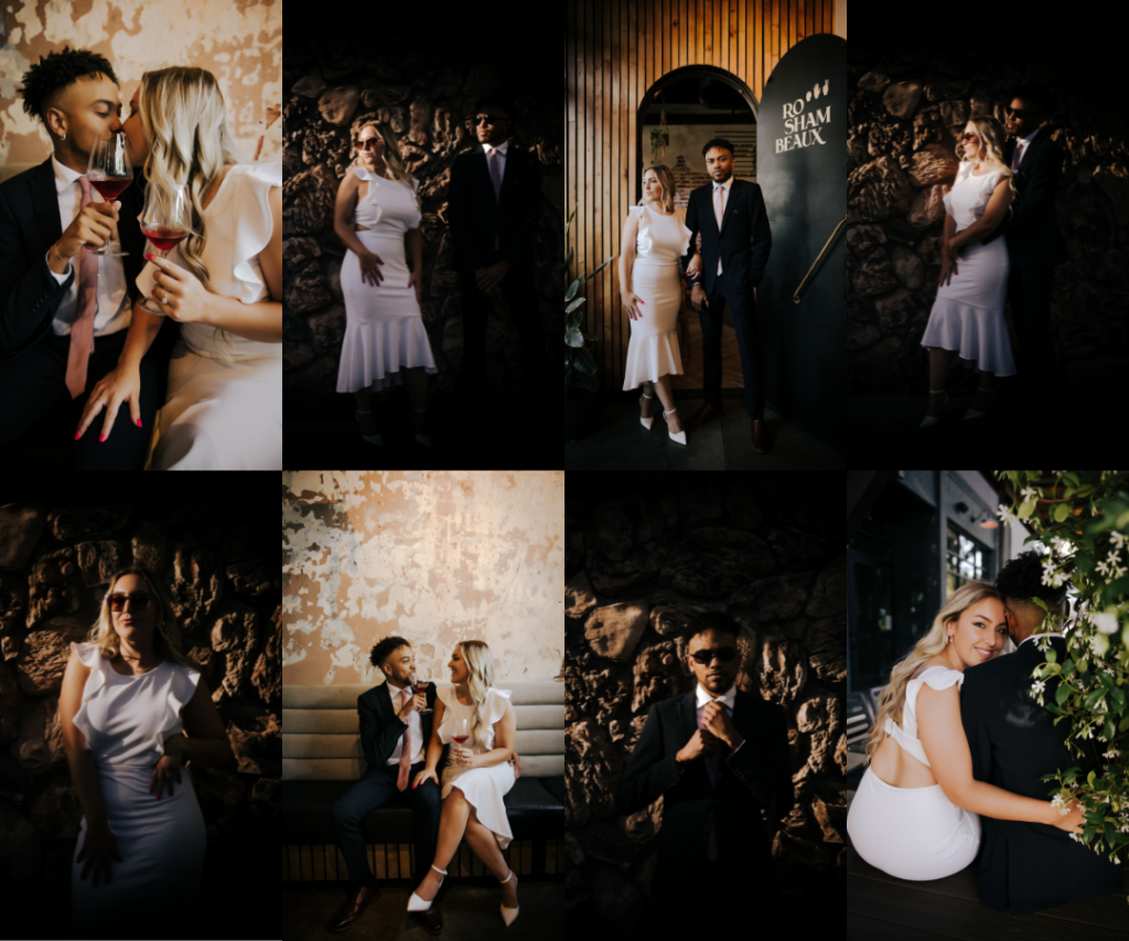 Sacramento engagement photography session, woman in white dress drinking wine, man in black suit with blonde woman 