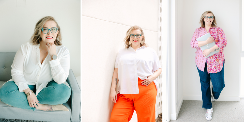 Sacramento Personal Brand photos with woman with blonde hair, orange pants, blue glasses holding a laptop 