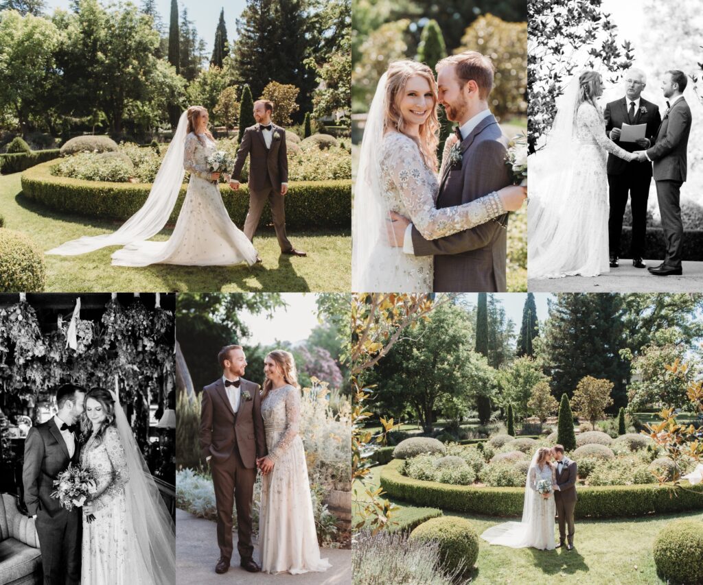 outdoor wedding, woman in white lace wedding dress, woman with blonde hair, grey tux, Sacramento Wedding Photographer