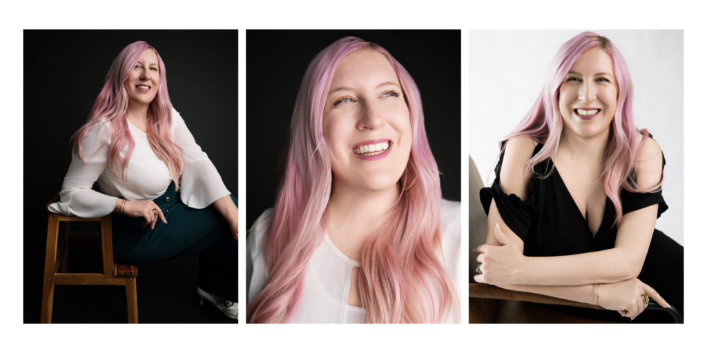 Studio headshot of female entrepreneur with clean neutral background
