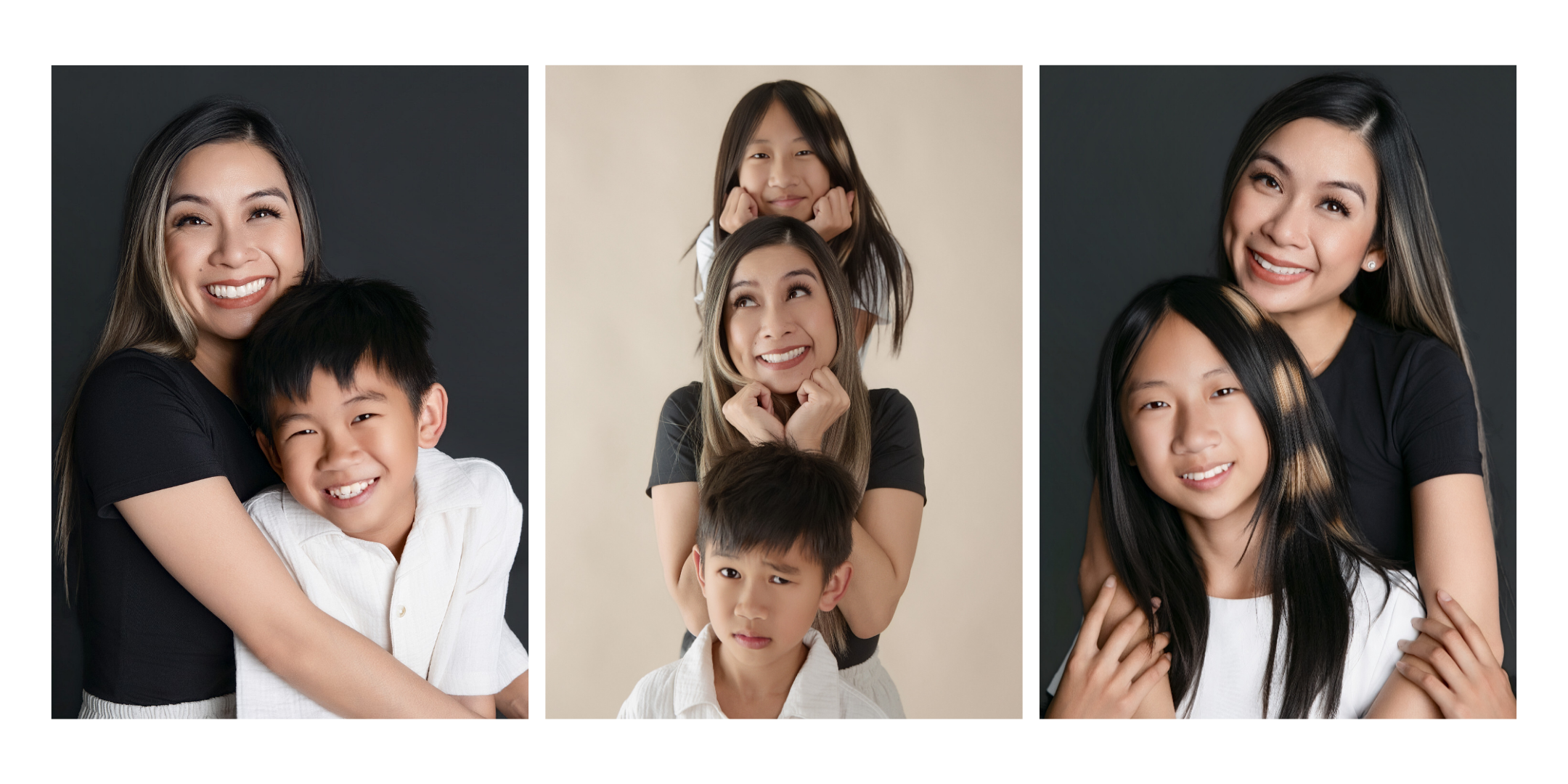 Mother with her son and daughter posing for three studio family portraits featuring warm smiles, playful expressions, and close sibling and parent connection against dark and neutral backdrops.