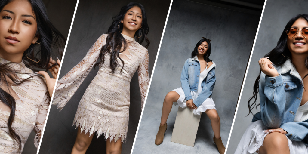 Editorial senior portrait collage featuring a high school senior in multiple fashion-inspired looks photographed in a modern Sacramento portrait studio by Milou & Olin Collective.