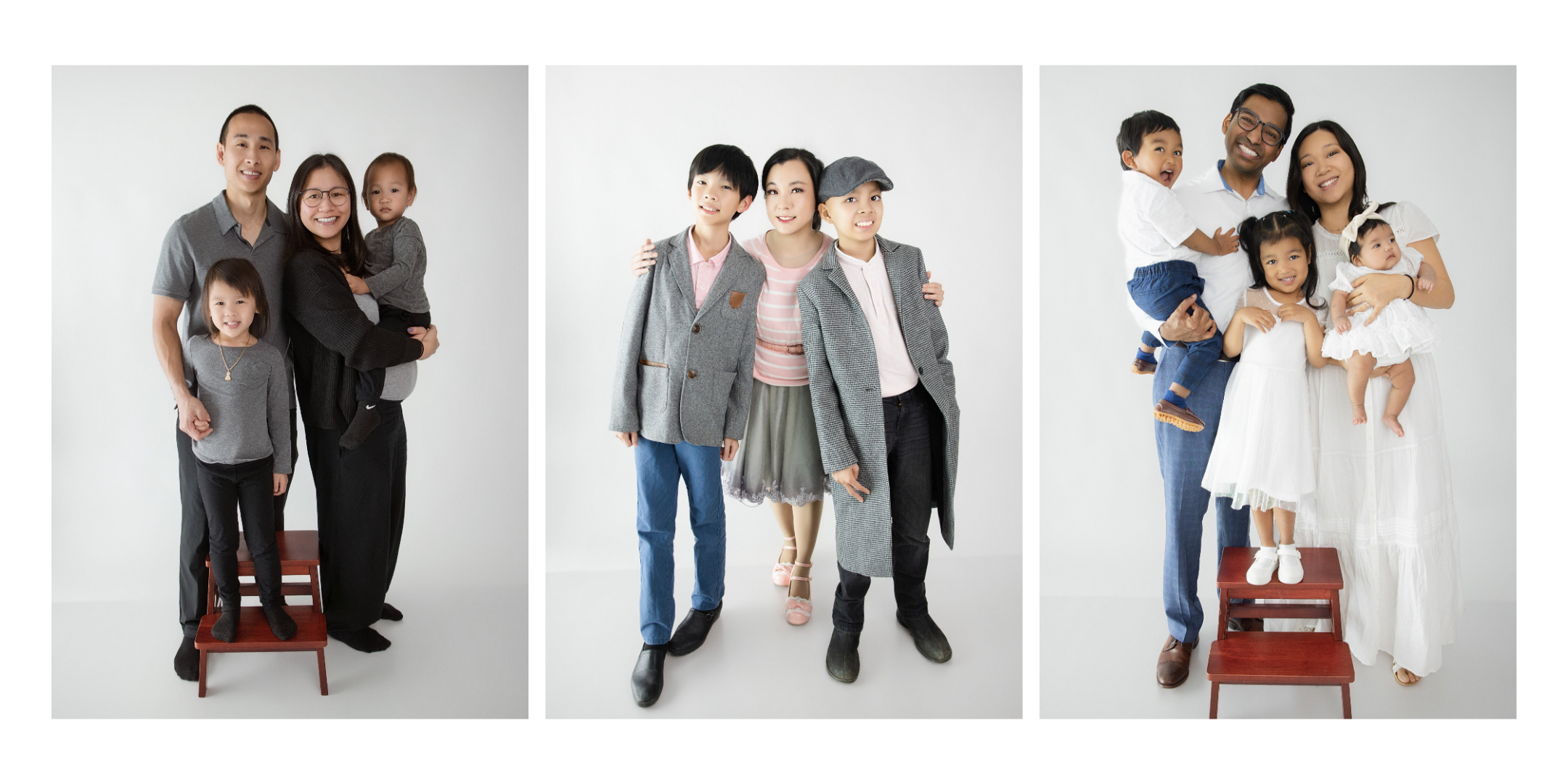 Family portrait collage featuring three Sacramento families photographed in a minimalist white studio, showcasing authentic connections and timeless family photography.